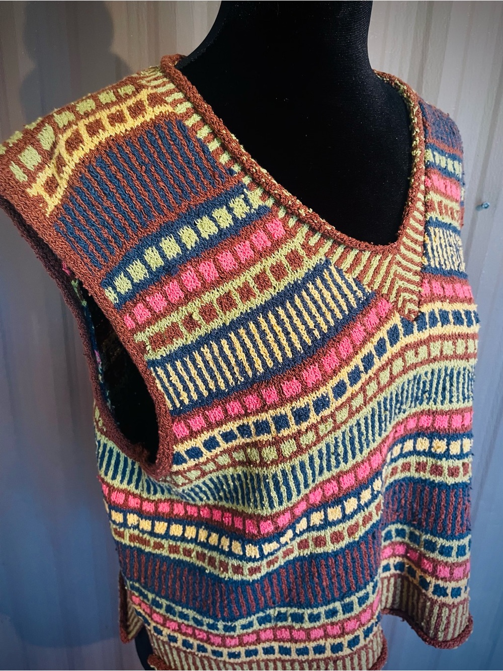 VTG FLAX BY ANGELHEART Knit Sweater Vest Wmn Sz S/M Colorful Multi Stripe V 90s